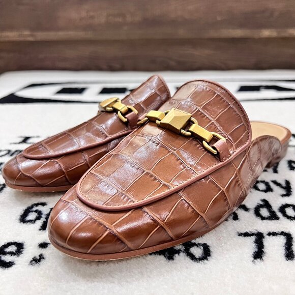 Michael Kors Charlton Crocodile-Embossed Leather Mules Slide - Cognac - Picture 2 of 8